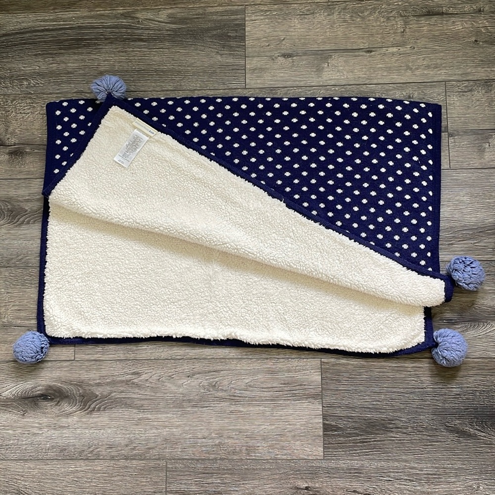 Pottery Barn | Navy Blue White Polka Dot Faux Fur Reversible Baby Blanket 30x40